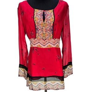 Women's ICE Size XL Red 100% Silk Boho Geometric Floral Keyhole Tunic Blouse